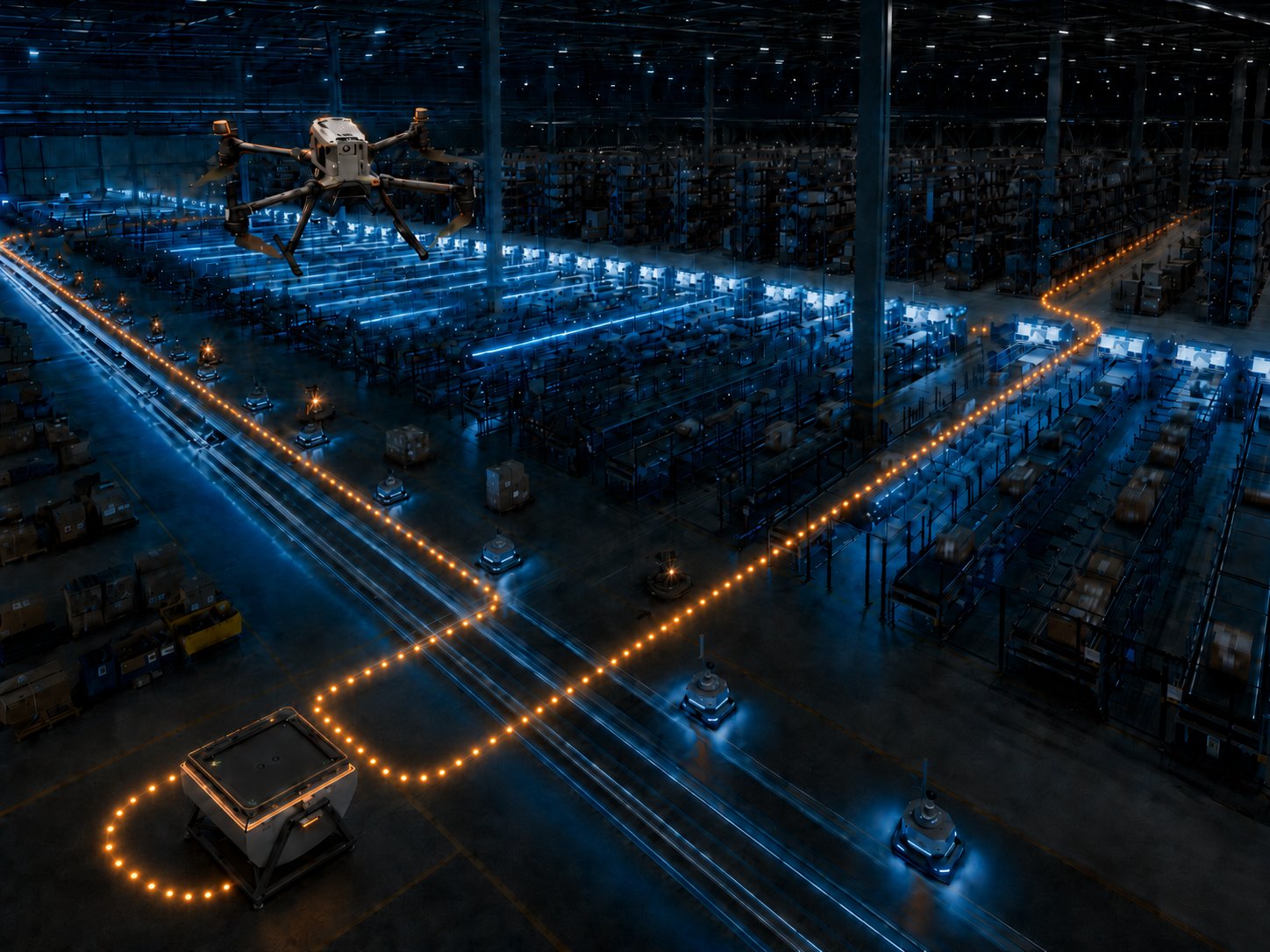 Autonomous drone infrastructure operating in a smart warehouse