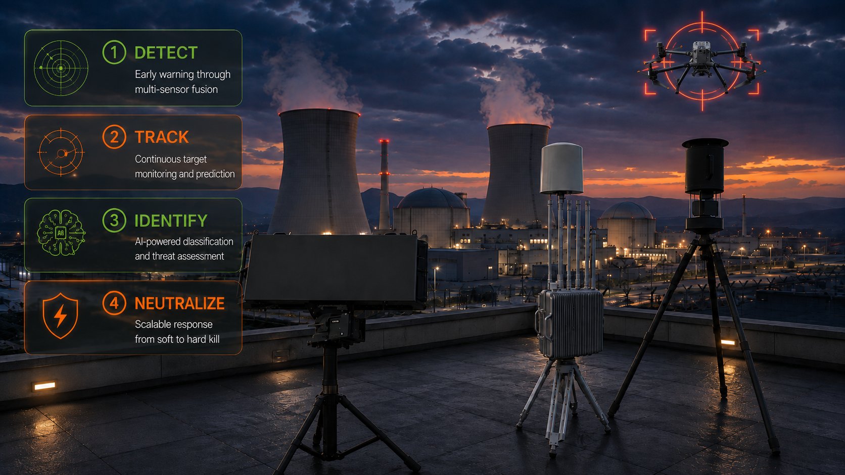 Counter-UAS kill chain diagram: detect, track, identify, and neutralize