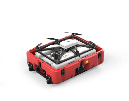 Fotokite red transport case with drone ready for takeoff