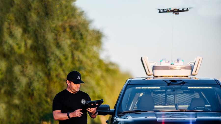 Fotokite rooftop system deployed on a patrol vehicle