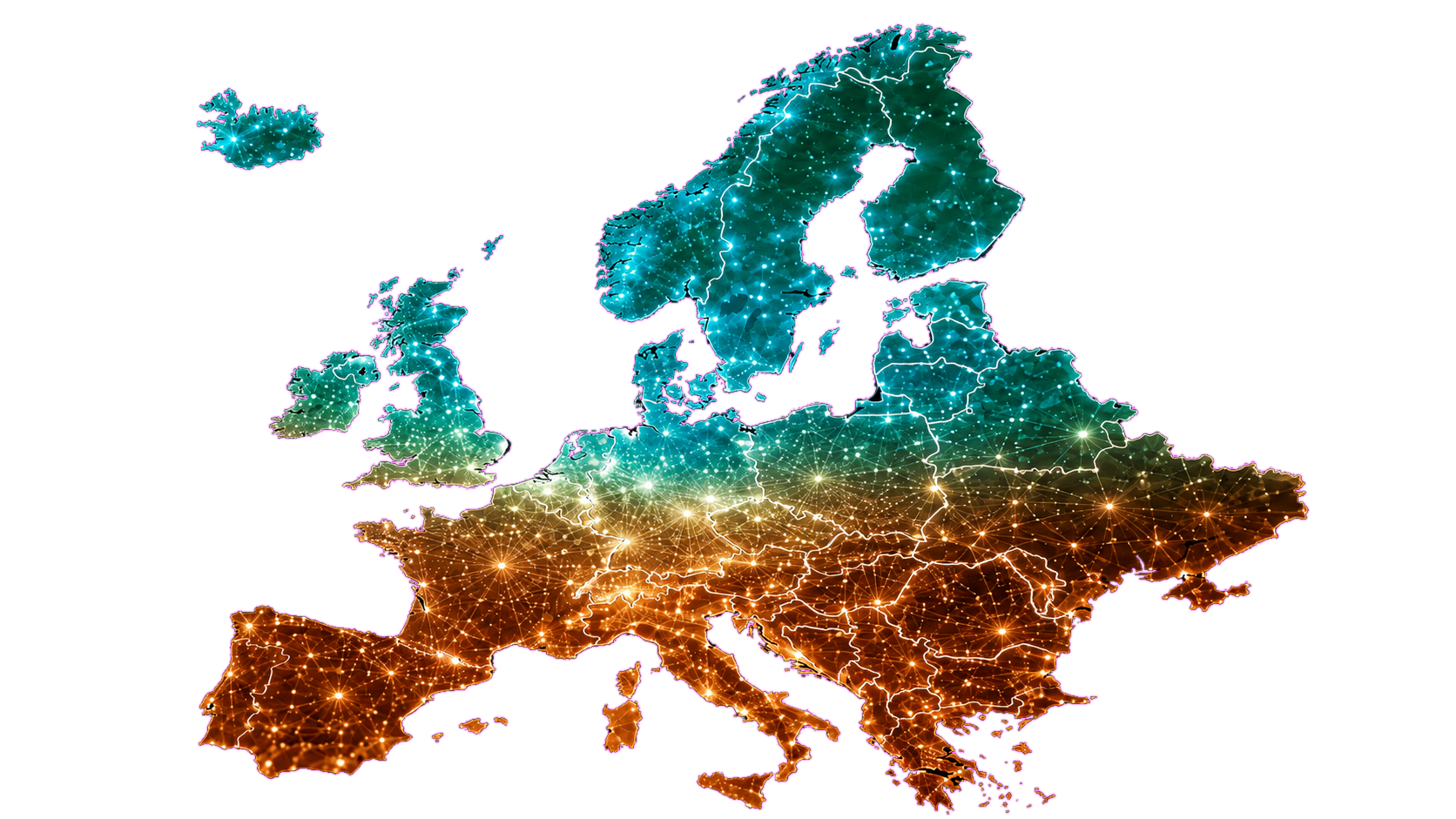 Glowing network map of Europe showing Cybrid Thrust's coverage
