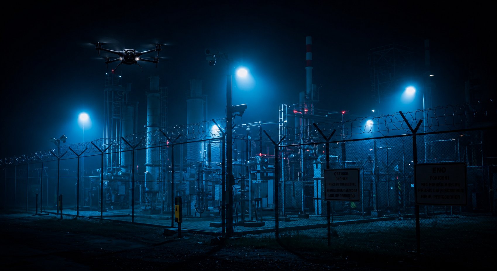 Drone patrolling a secured industrial facility at night