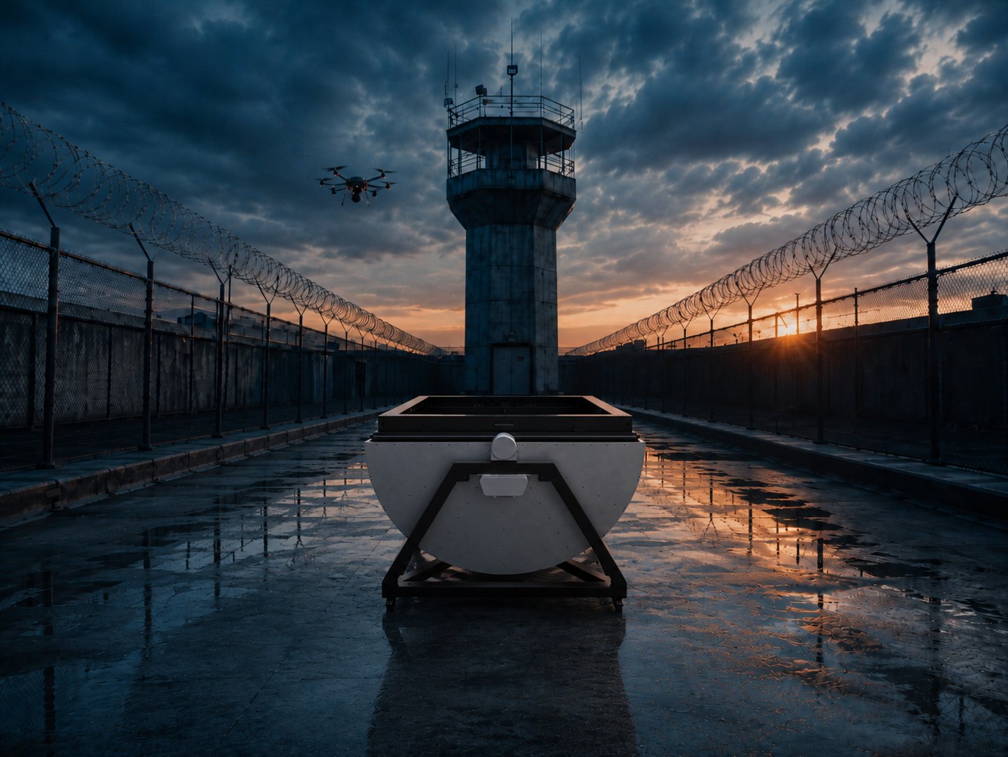 Drone-in-a-box station deployed at a secured perimeter watchtower