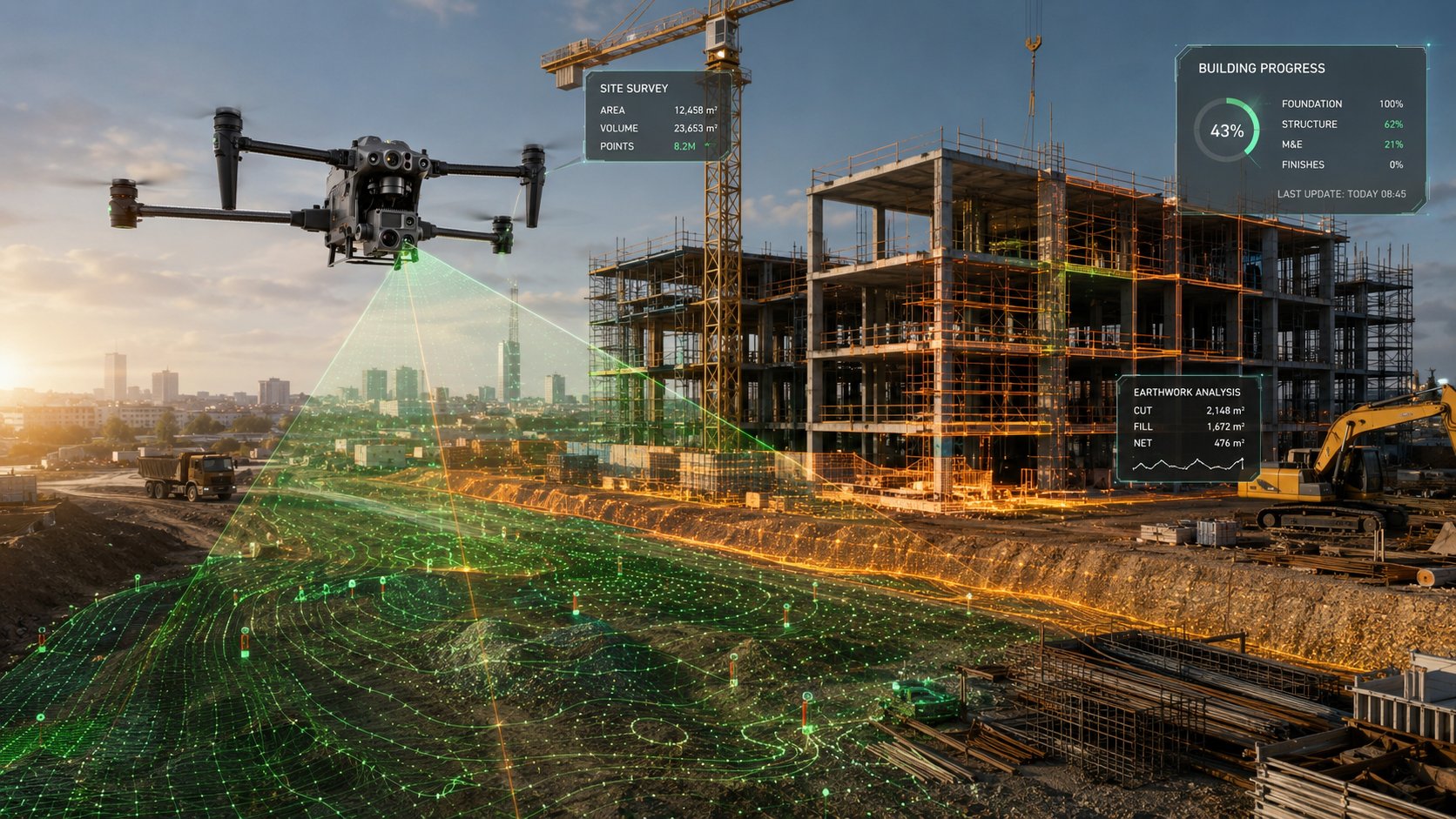 Drone survey with real-time site analytics over a construction site