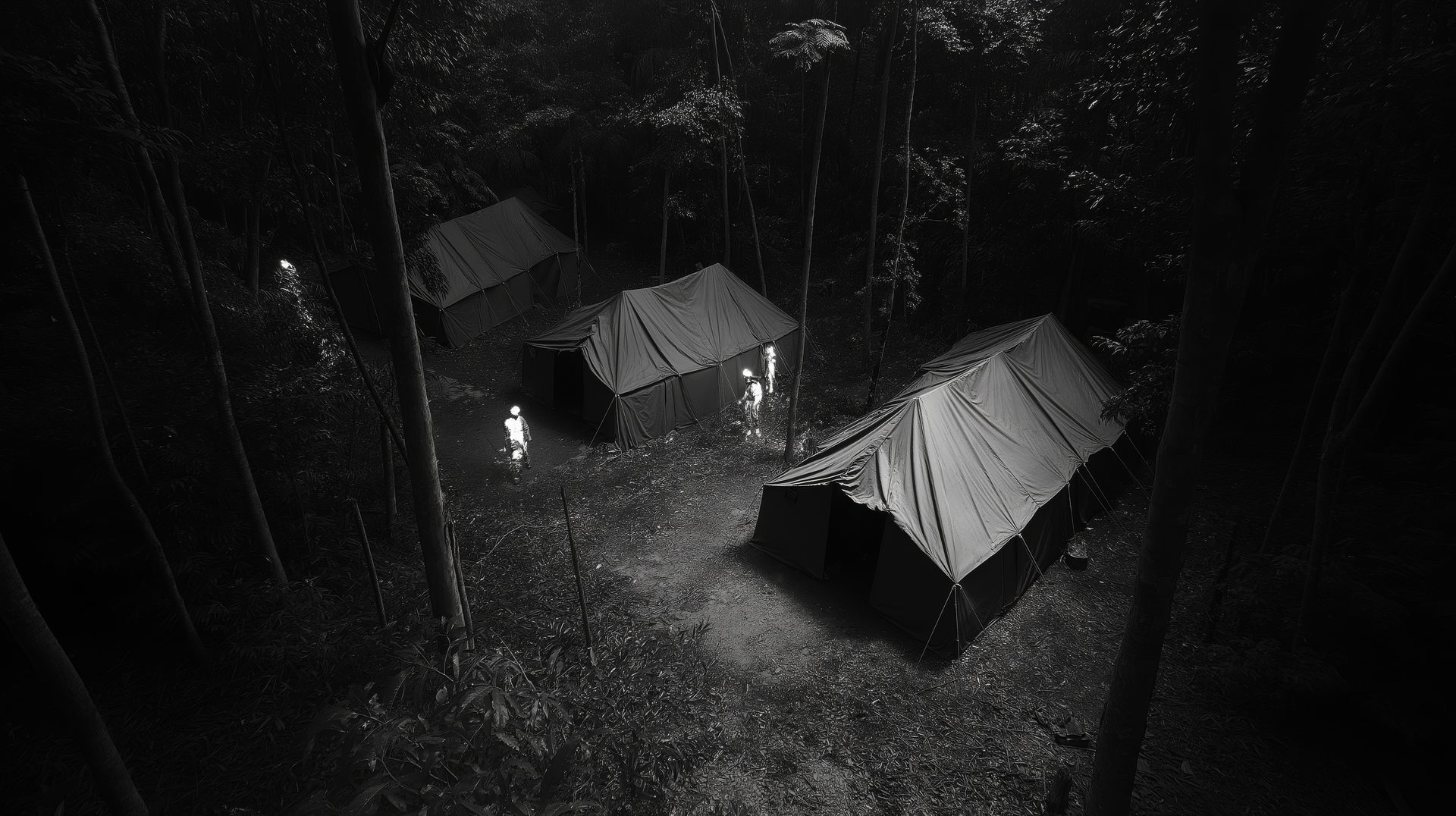 CT-Eye Thermal night vision revealing heat signatures at a forest camp