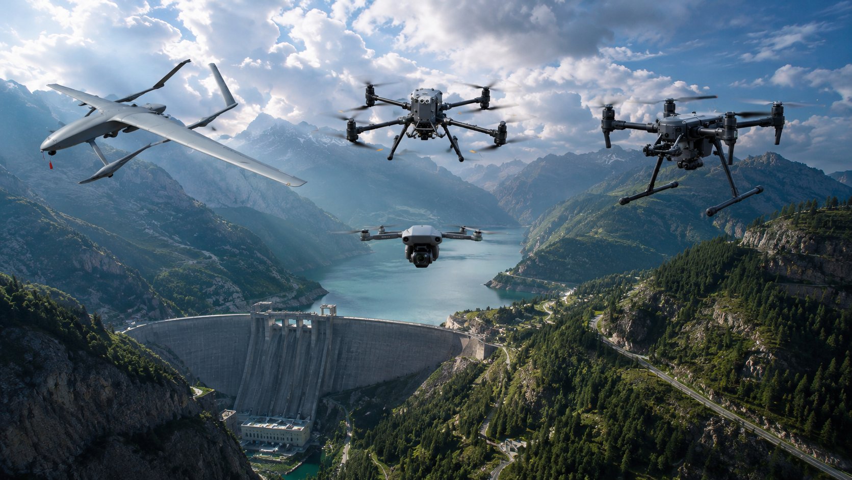 Fixed-wing, multi-rotor, and heavy-lift drones flying over a mountain dam
