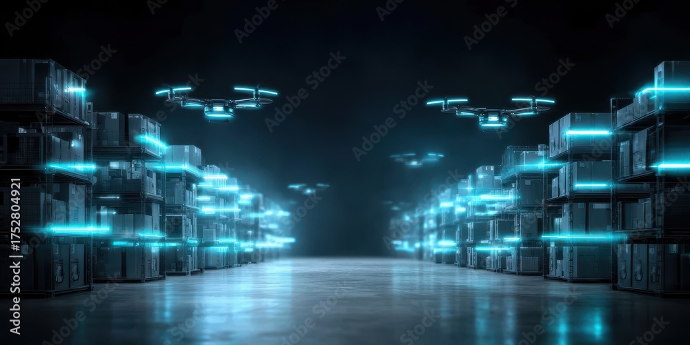 Futuristic warehouse with drone systems
