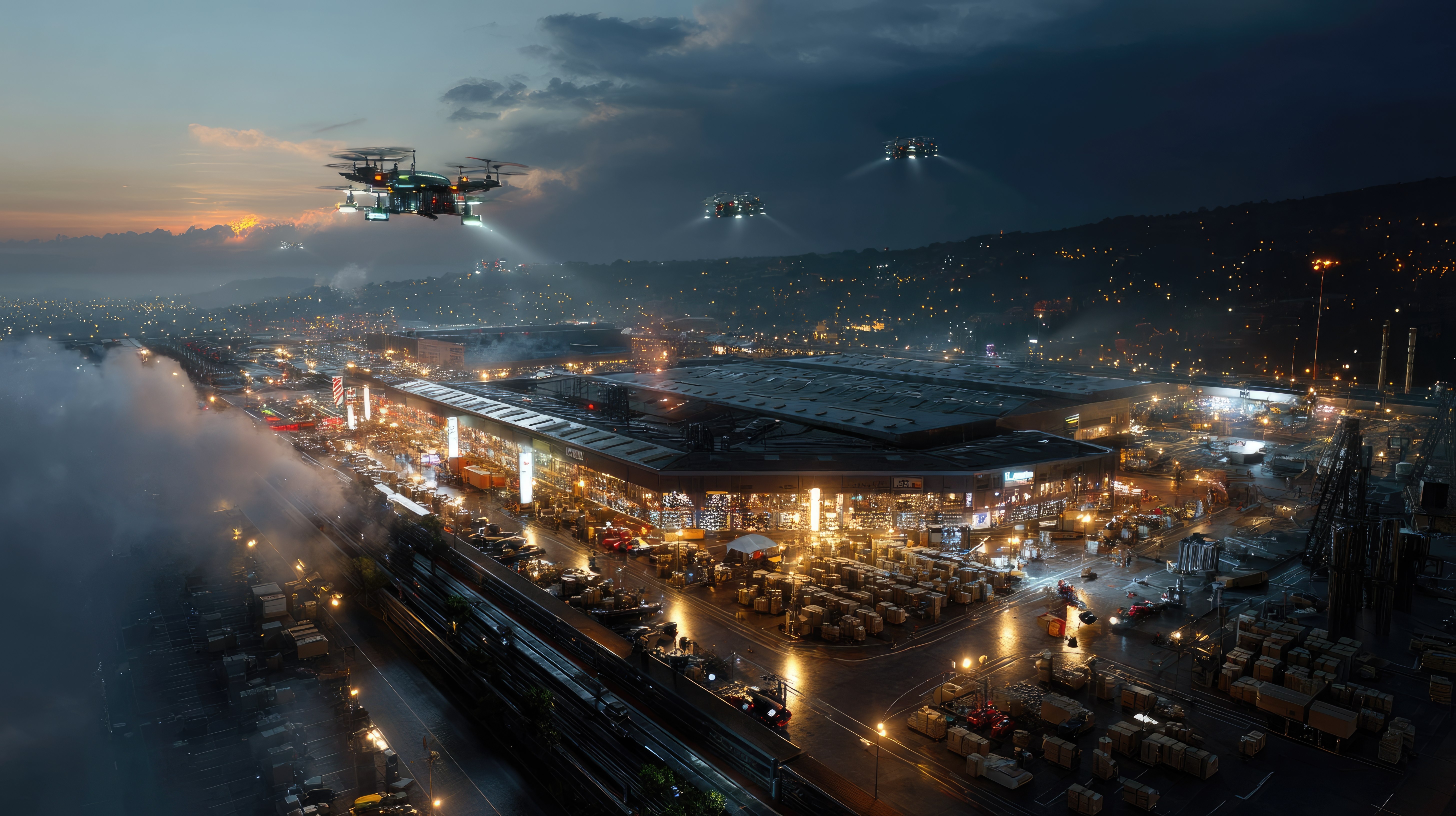 Drone monitoring logistics yard with trailers and containers